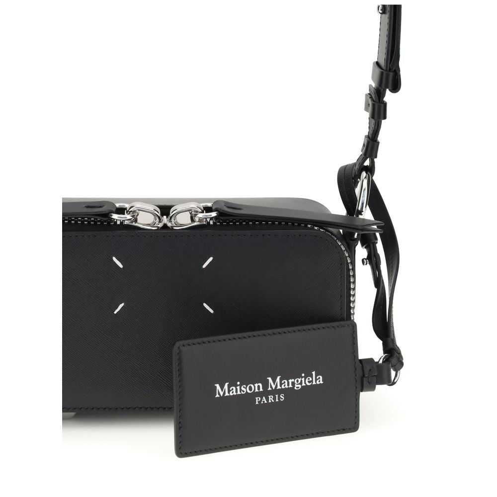 Margiela Black Calf Leather Bos Taurus Shoulder Bag with adjustable strap and logo detail, part of the AW25 collection.