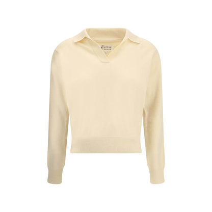 Alt Tag: Margiela Cream Fleece Wool Sweater with classic collar, ribbed hem, and cuffs, made of 100% virgin wool, perfect for AW25 season.