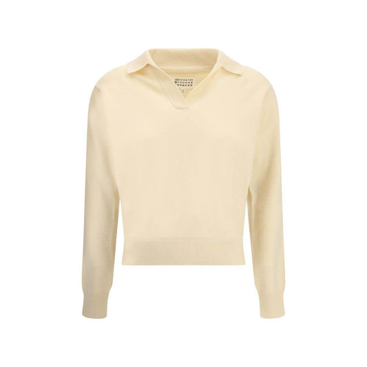 Alt Tag: Margiela Cream Fleece Wool Sweater with classic collar, ribbed hem, and cuffs, made of 100% virgin wool, perfect for AW25 season.
