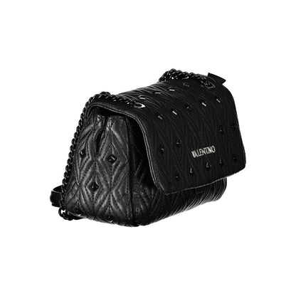 Mario Valentino Black Polyester Handbag with chain strap, contrasting details, and logo. Features zip and clip closure with internal pockets.