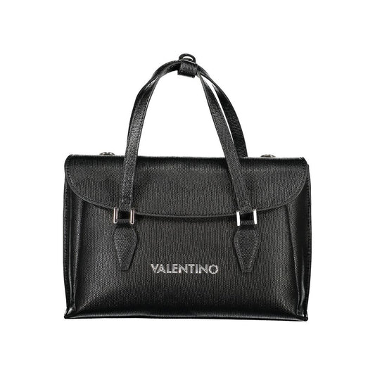 Mario Valentino Black Polyethylene Handbag with double handles and adjustable strap, featuring external pocket and logo.