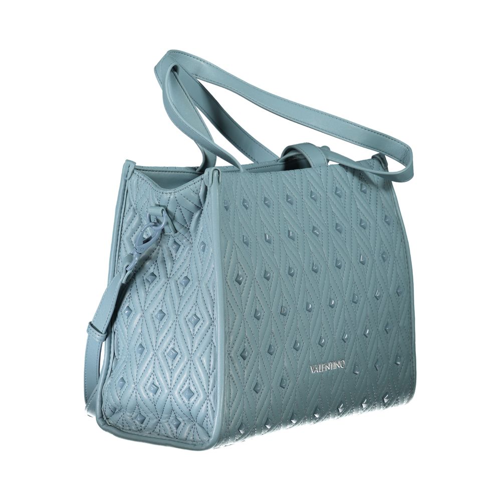 Mario Valentino Blue Polyester Handbag with adjustable strap, two handles, internal pocket, phone space, logo, and zip closure.