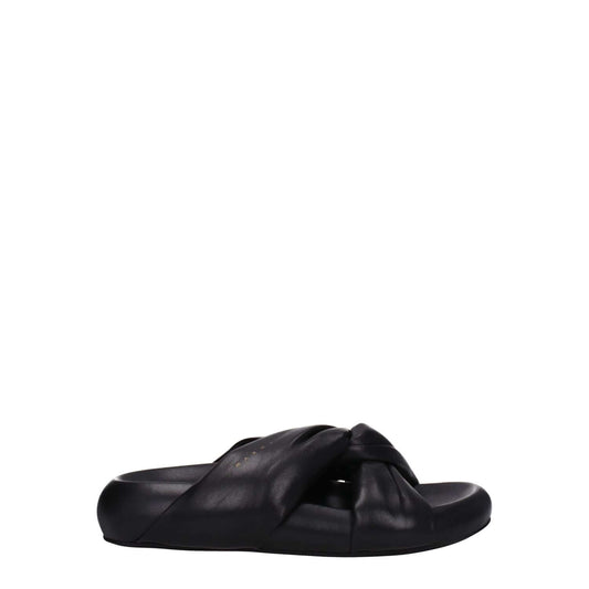 Marni Black Leather Slippers with side logo feature, open toe, mid heel, rubber sole, designed for casual style.