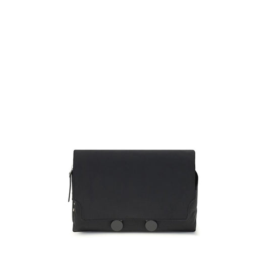 Marni Black Polyamide Clutch Bag with satin metal magnetic closure and engraved Marni lettering, featuring urban design for everyday use.