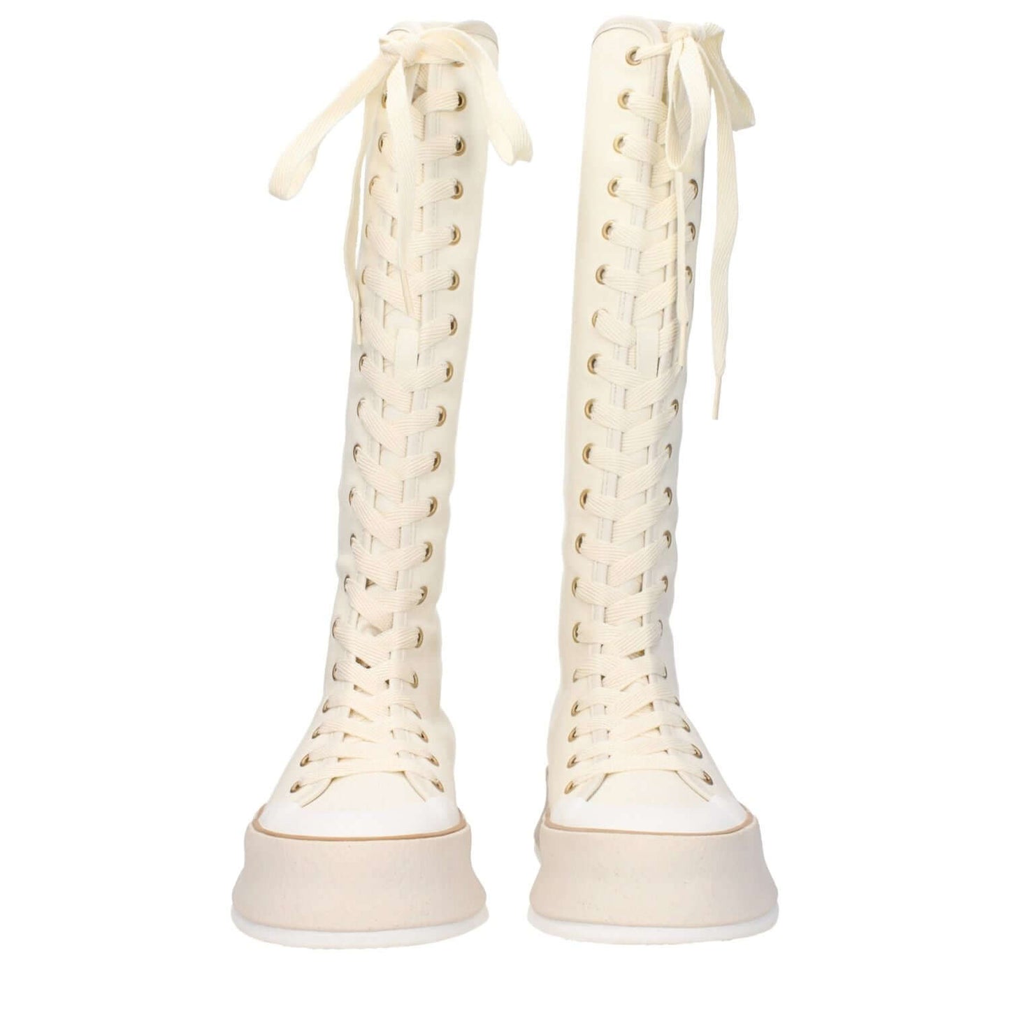 Max Mara Beige Fabric Lace-Up Boots with wedge heel and vintage effect style, round toe, and rubber sole.