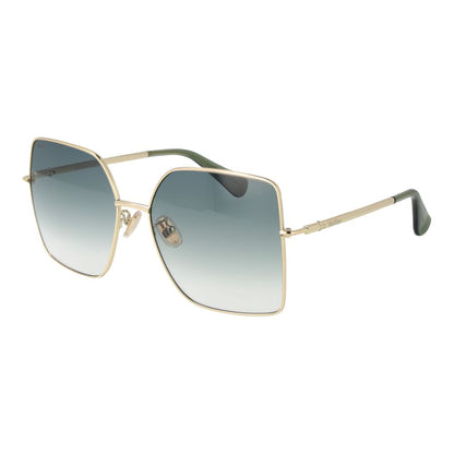 Max Mara Gold Metal Sunglasses for women with gradient green lenses and butterfly full-rim frame, UVA & UVB protection, includes branded case.
