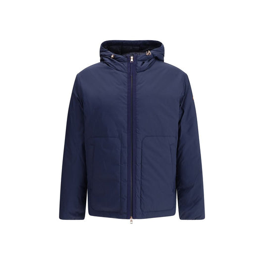 Moncler x Donald Glover Blue Goose Down Full-Length Jacket with adjustable hood and logo patch, crafted from cotton and nylon blend.