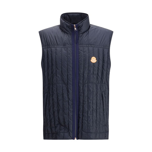 Moncler x Donald Glover Blue Polyamide Sleveless Jacket with vertical quilting and front zip closure.