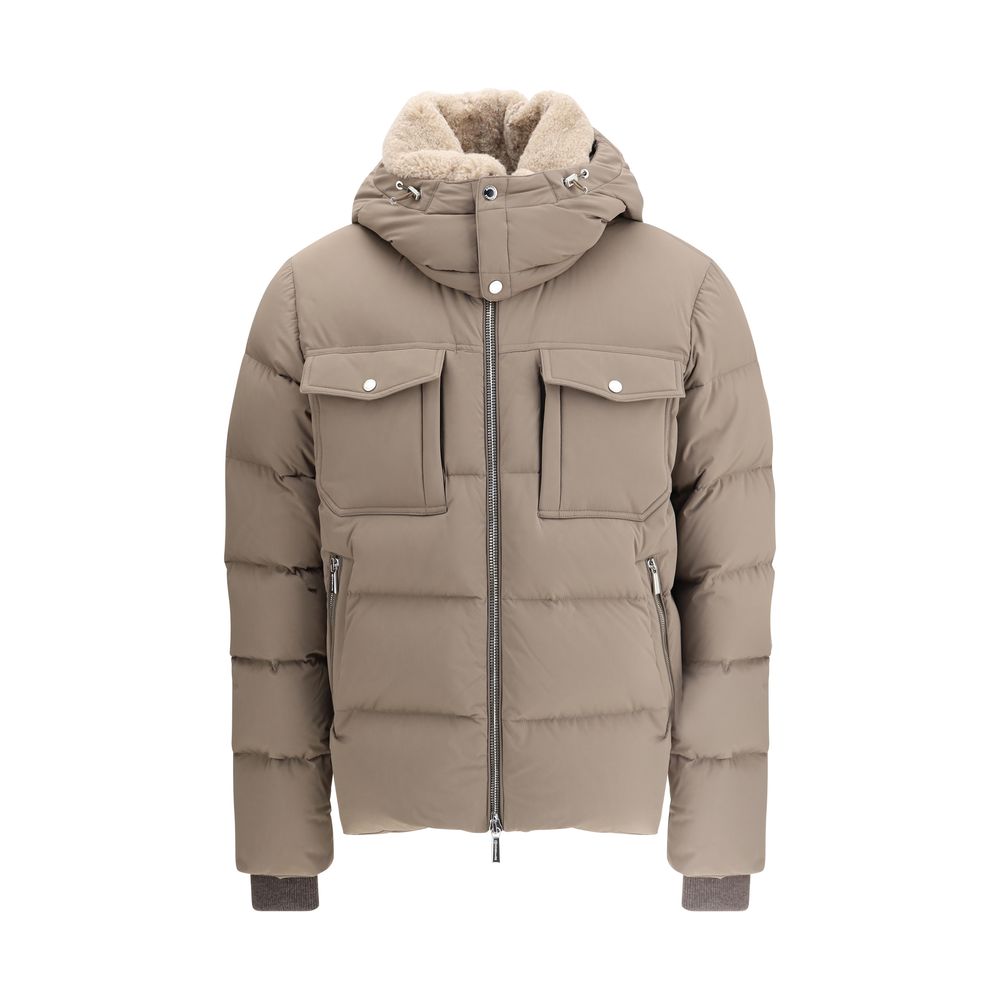 MooRER Beige Alarick Padded Down Jacket with high collar, removable hood, shearling fur, flap chest pockets, elastic cuffs.