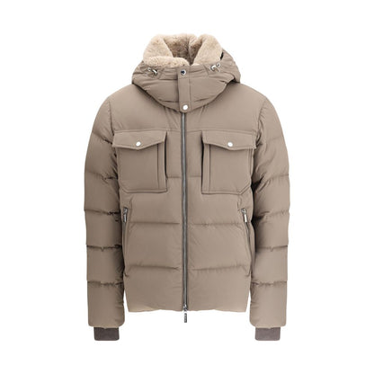 MooRER Beige Alarick Padded Down Jacket with high collar, removable hood, shearling fur, flap chest pockets, elastic cuffs.
