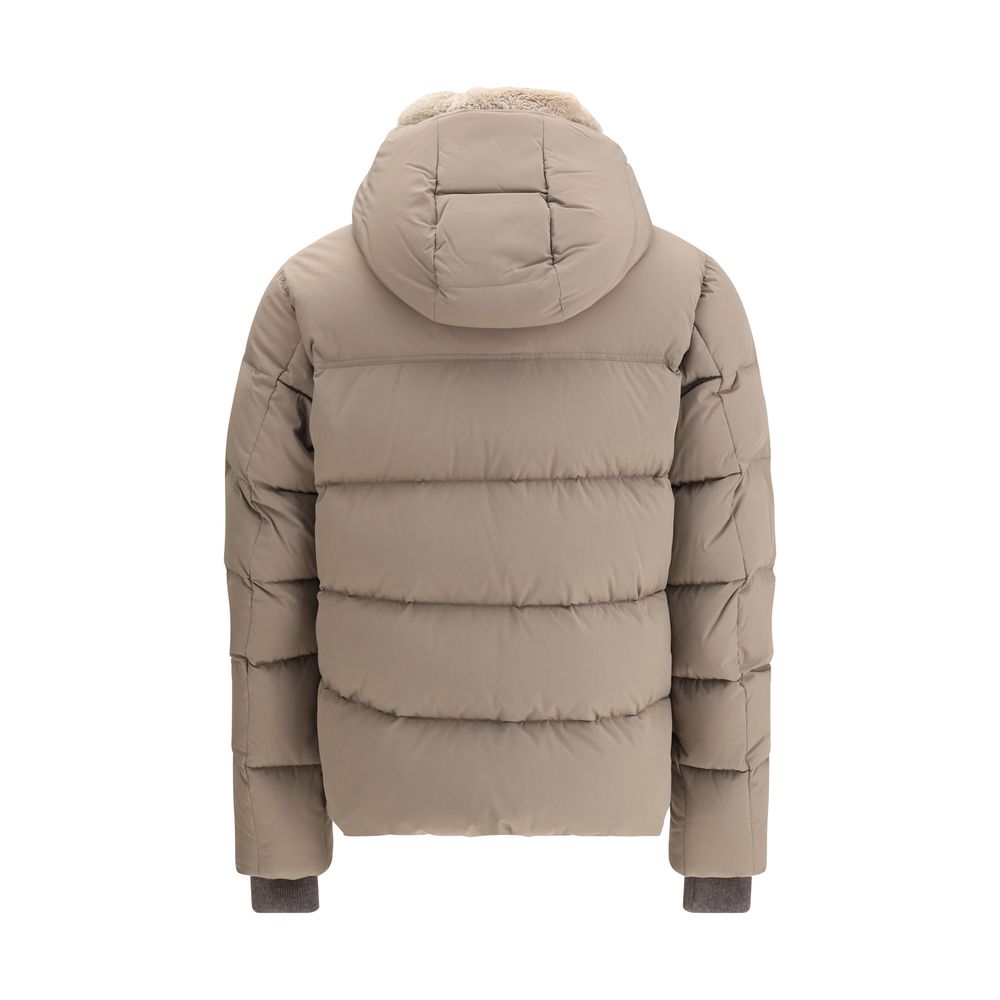 MooRER Beige Alarick Padded Down Jacket with high collar, removable hood, and shearling collar detail, showcasing back view.