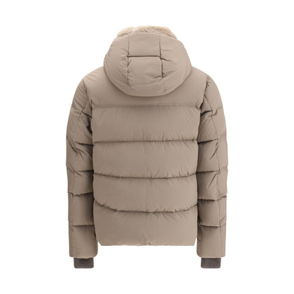 MooRER Beige Alarick Padded Down Jacket with high collar, removable hood, and shearling collar detail, showcasing back view.