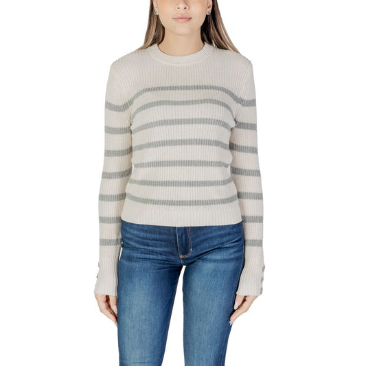 Morgan De Toi Cream Cotton Sweatshirt with horizontal stripes, worn by a woman, showcasing a chic casual look in high-quality knitwear.