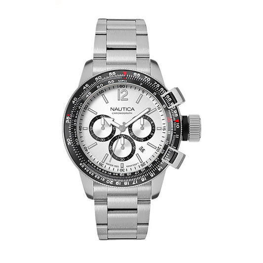 NAUTICA Mod. NAPBFCF04 men's quartz analog watch with multifunctional dial, 47mm case, mineral glass, and official packaging.