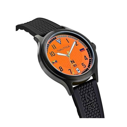 NAUTICA Mod. NAPCFS915 quartz gent's watch with orange dial, 43mm case, mineral glass, black bracelet, and official box packaging.