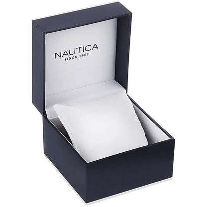 Official box for NAUTICA Mod. NAPFWF017 watch, crafted for gents with quartz movement, 44 mm case, featuring chronograph functions.