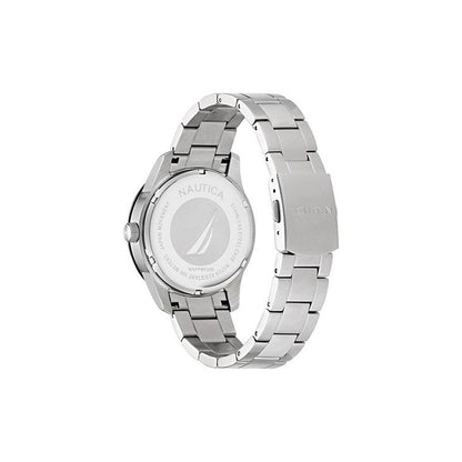 Back view of NAUTICA Mod. NAPPBF205 bracelet watch, featuring stainless steel casing and durable link construction for gents.