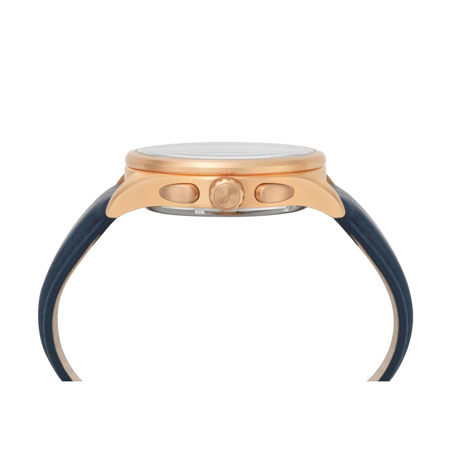 Side view of NAUTICA Mod. NAPSHG002 watch with quartz movement, mineral dial, 44mm case, and navy strap. Water resistant up to 10 ATM.