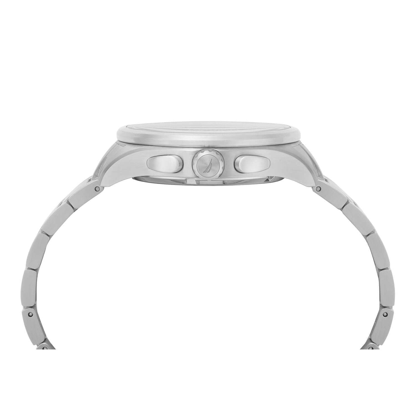 Side view of NAUTICA Mod. NAPSHG003 watch, quartz analog, mineral dial, 44mm case, 10 ATM water resistance, official box packaging.