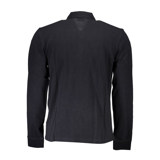 Back view of Napapijri Black Cotton Men Polo Shirt with short sleeves and dual-button neckline, showcasing classic style and comfort.