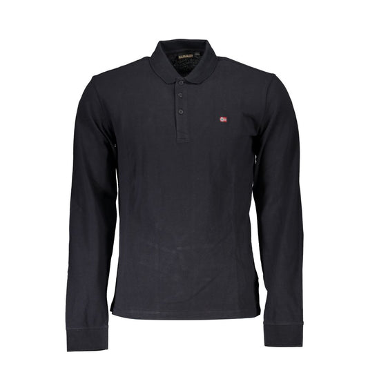 Napapijri Black Cotton Men Polo Shirt with distinctive embroidery and dual-button neckline, offering a sleek and sophisticated style.
