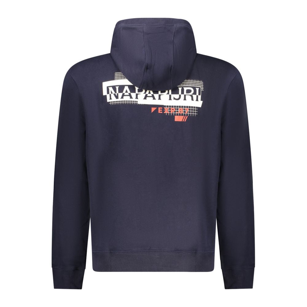 Back view of Napapijri Blue Cotton Men Sweater with logo print on the hood. Premium cotton and polyester blend for style and comfort.