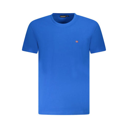 Napapijri Blue Cotton Men T-Shirt, crew neck, regular fit in bright blue, featuring Napapijri logo embroidery.