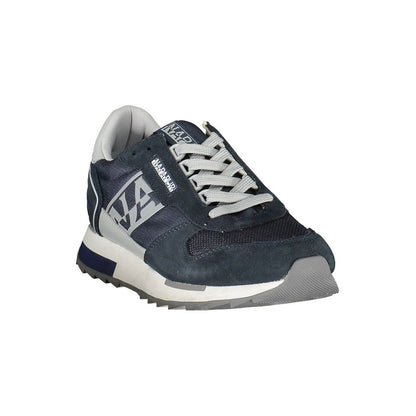 Napapijri Blue Leather Mens Sneaker with contrasting laces and logo. Contemporary sports shoe design for trendsetters.