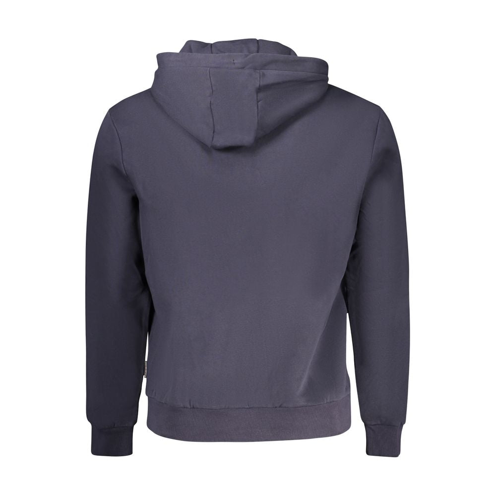 Back view of Napapijri Blue Organic Cotton Men Sweater showcasing relaxed fit and hoodie