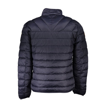 Back view of Napapijri Blue Polyamide Men Jacket showcasing quilted design and structured silhouette