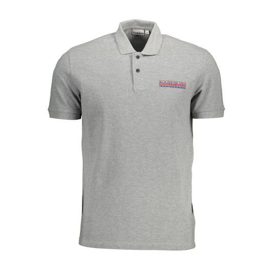 Gray Napapijri polo shirt with short sleeves and logo on chest.