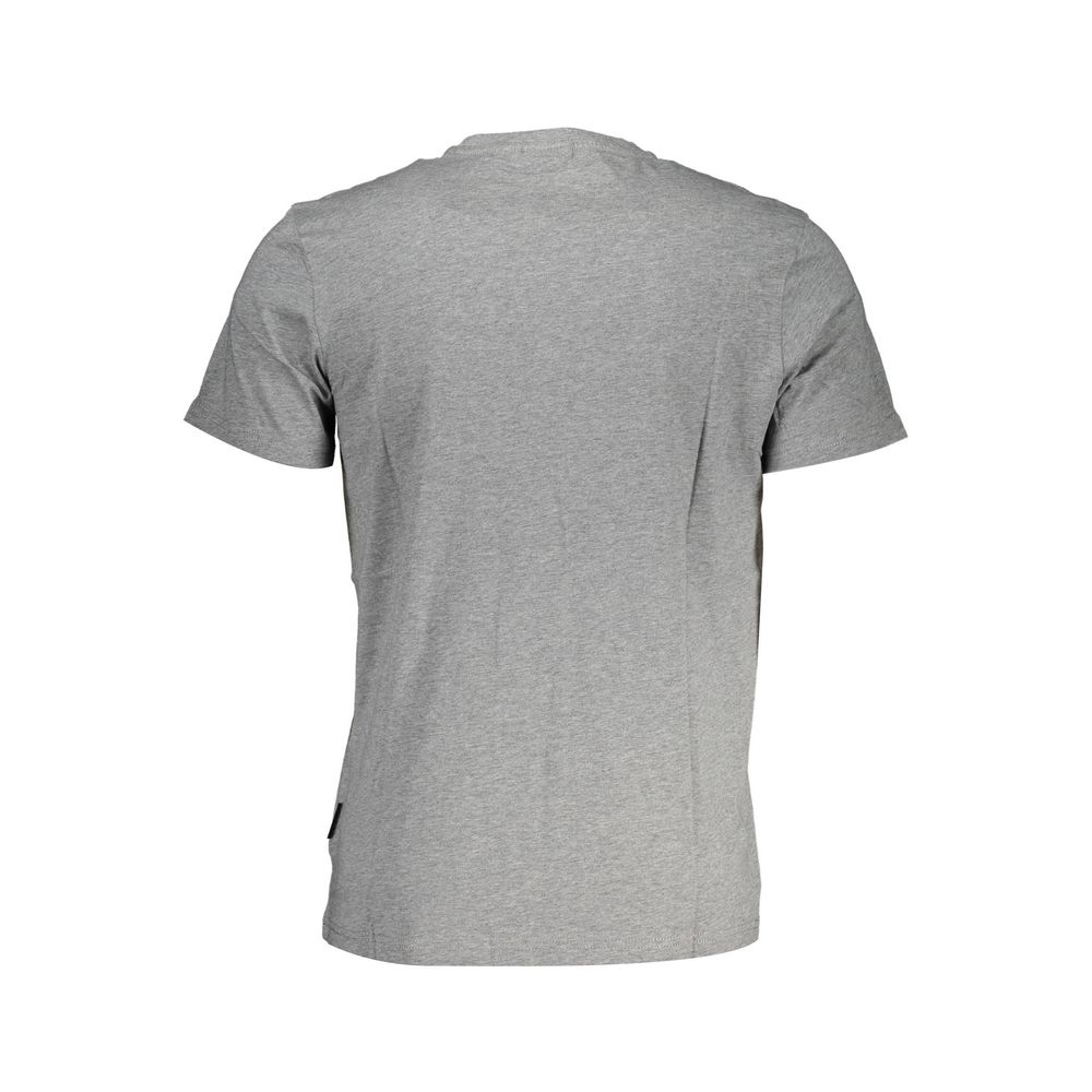 Back view of a grey crew neck t-shirt on a plain background.