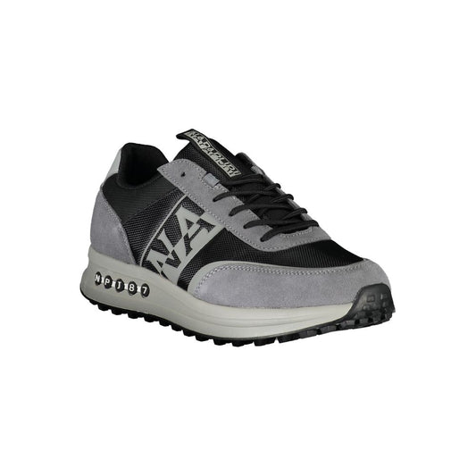 Napapijri Brown Leather Men Sneaker with grey and black accents featuring a bold design and iconic logo.