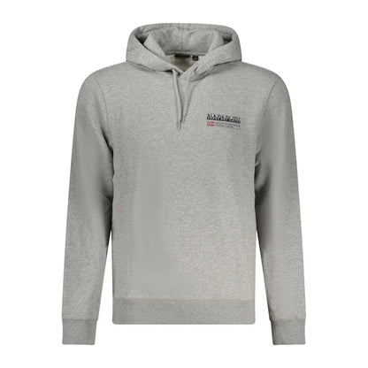 Napapijri Gray Cotton Men Sweater with logo, featuring long sleeves and hoodie, crafted for style and comfort.