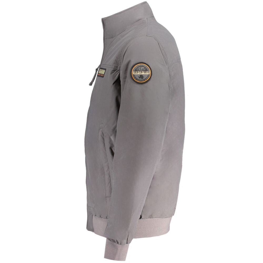 Napapijri Gray Polyamide Men Jacket featuring eco-friendly materials, subtle logo, and stylish design, side view.