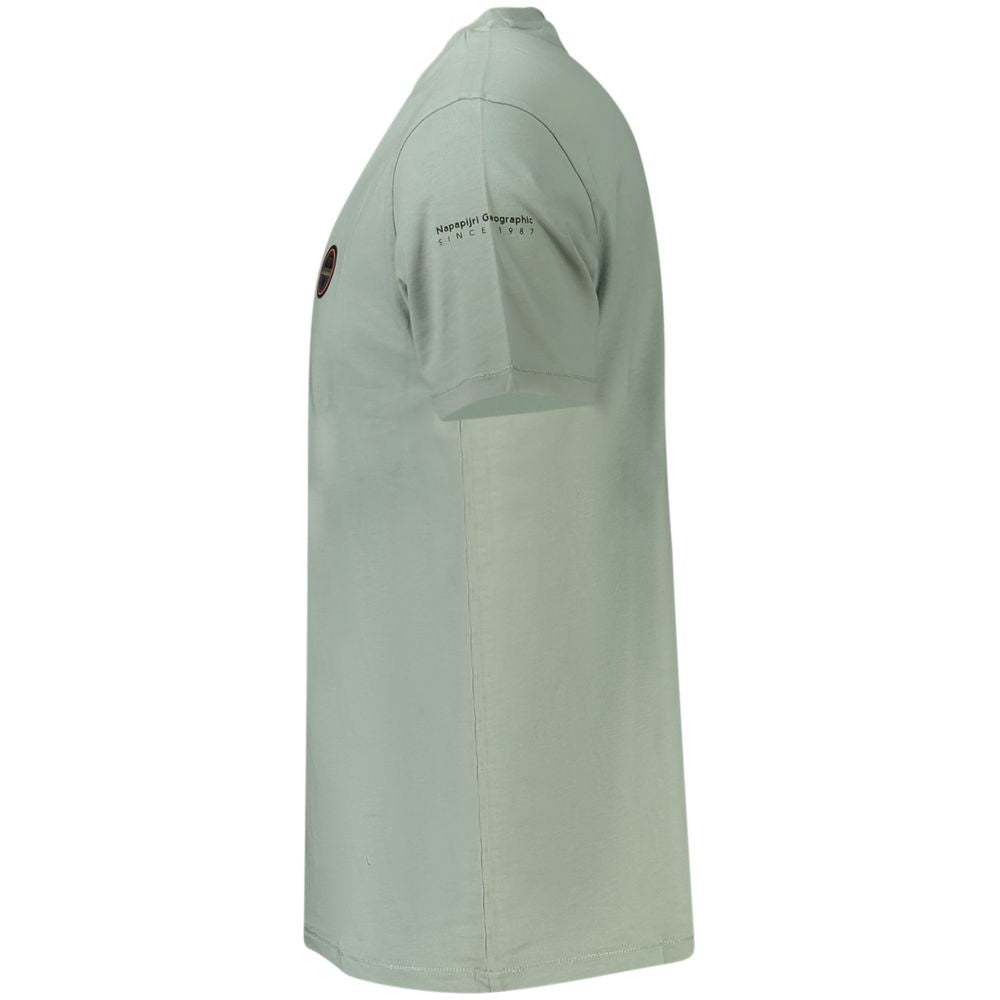 Side view of Napapijri Green Cotton Men T-Shirt with logo on sleeve, made from 100% organic cotton for sustainable comfort.