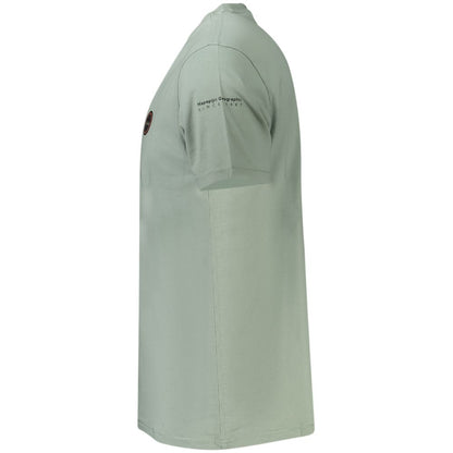 Side view of Napapijri Green Cotton Men T-Shirt with logo on sleeve, made from 100% organic cotton for sustainable comfort.