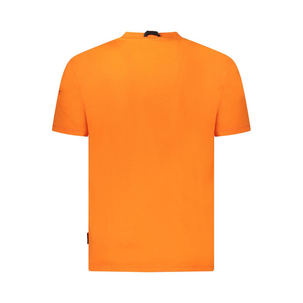 Back view of Napapijri Orange Cotton Men T-Shirt showing relaxed fit and vibrant color.