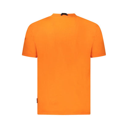 Back view of Napapijri Orange Cotton Men T-Shirt showing relaxed fit and vibrant color.