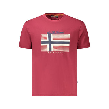 Napapijri Red Cotton Men T-Shirt with bold print and logo, short sleeve, crew neck, 100% organic cotton, stylish and eco-friendly design.
