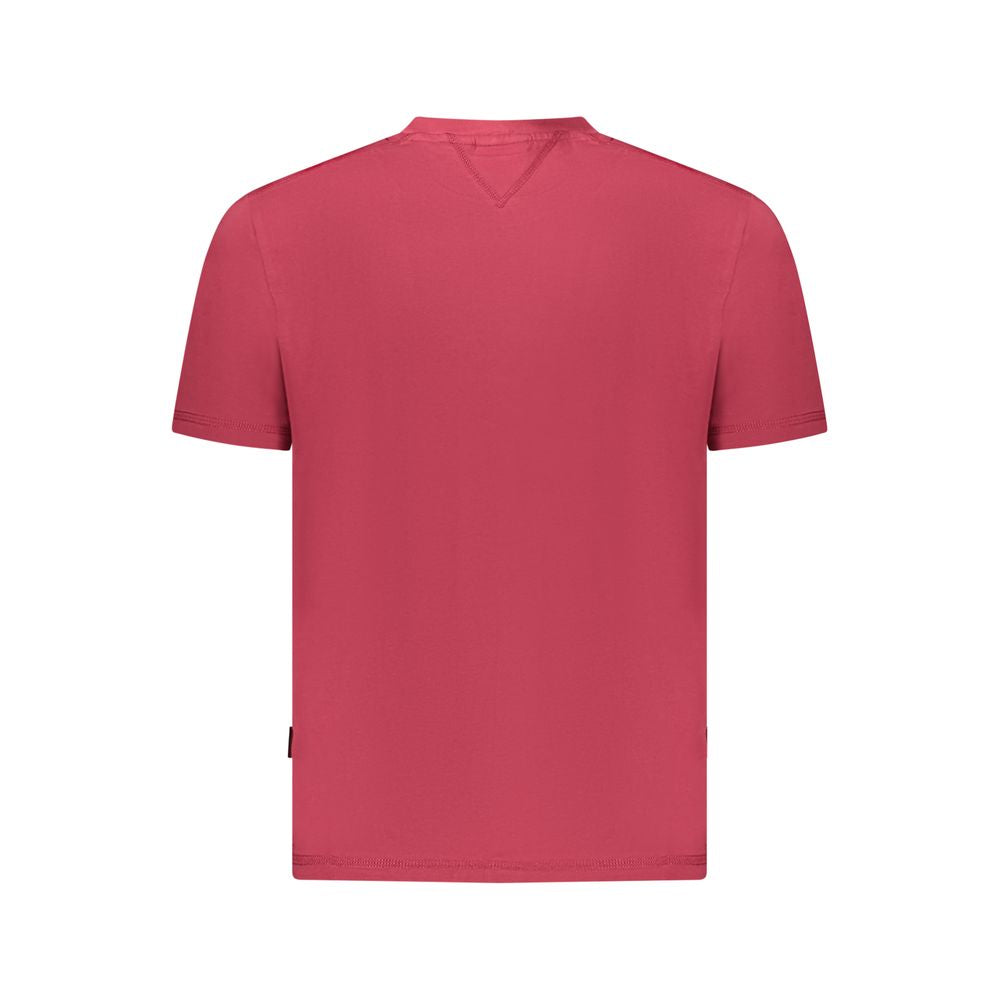 Back view of Napapijri Red Cotton Men T-Shirt featuring a relaxed fit and sustainable organic cotton material.