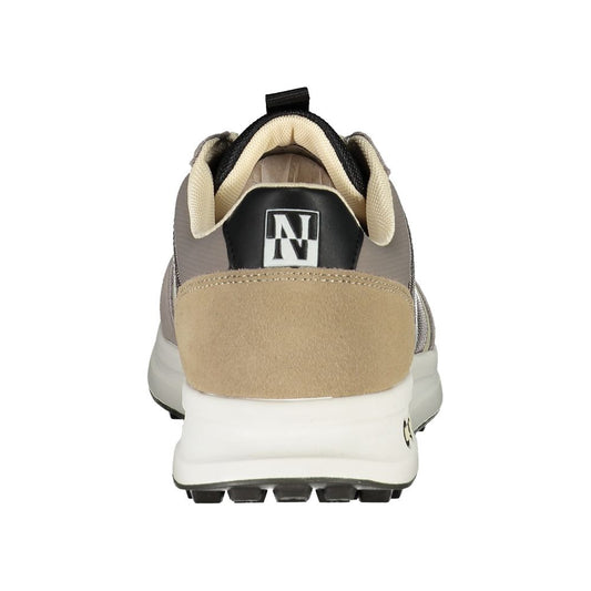 Rear view of Napapijri Sleek Laced Sports Sneakers with Contrast Accents showing bold logo print and contrasting details, gray color.