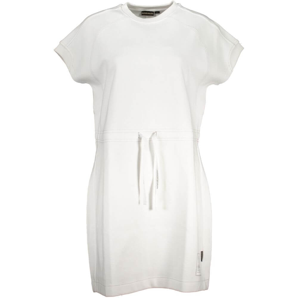 Napapijri White Cotton Dress, sports dress with short sleeves, crew neck, logo application.