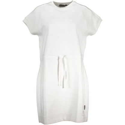Napapijri White Cotton Dress, sports dress with short sleeves, crew neck, logo application.