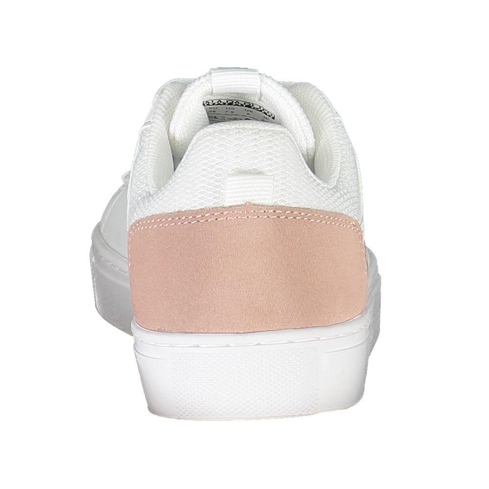 Back view of Napapijri White Leather Women Sneaker with contrasting heel design and iconic logo.