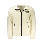 Napapijri White Polyester Men Jacket with zip closure and logo, featuring eco-friendly design and external pockets.