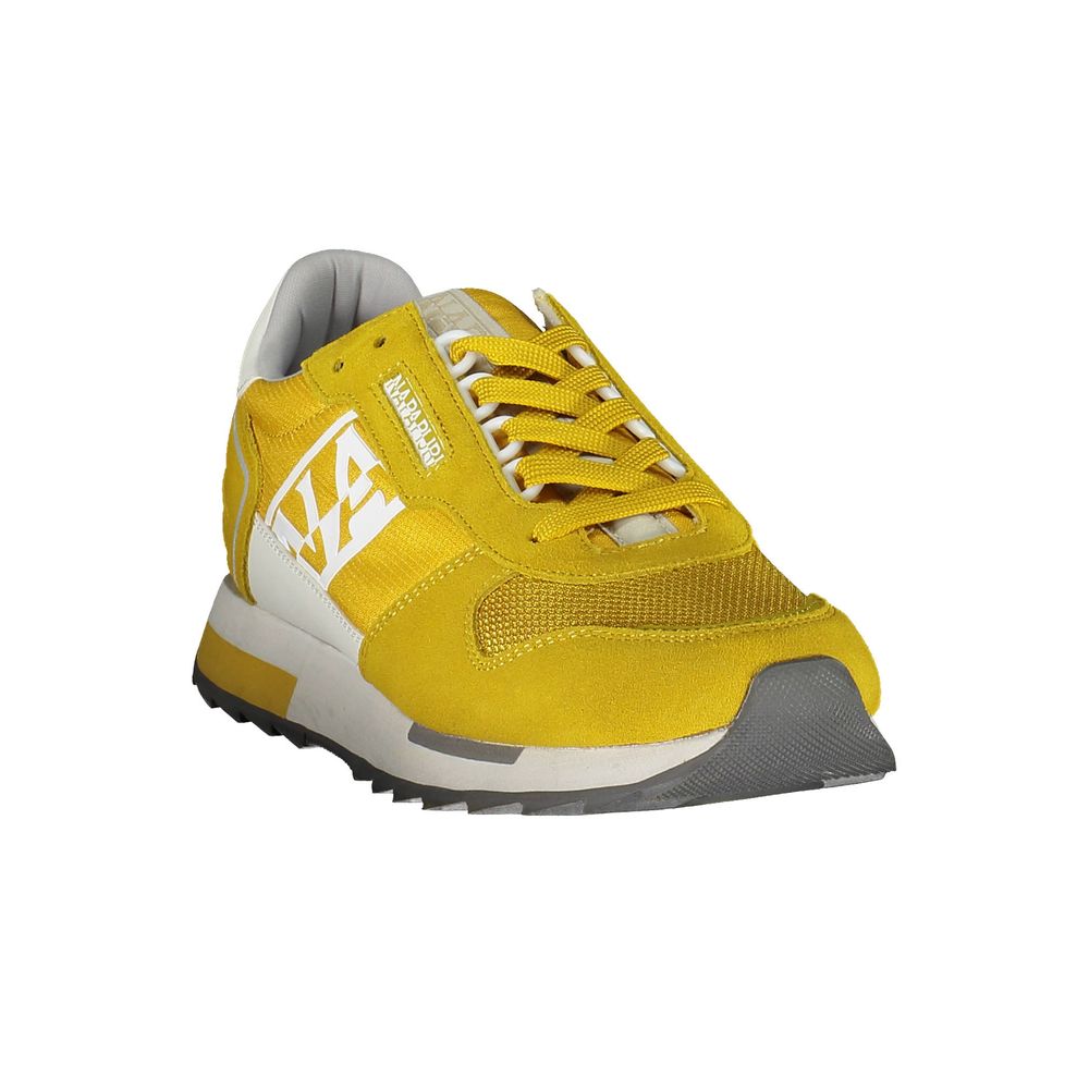 Napapijri Yellow Leather Men Sneaker with bold design, contrasting accents, extra laces, and signature logo for trendsetting style.