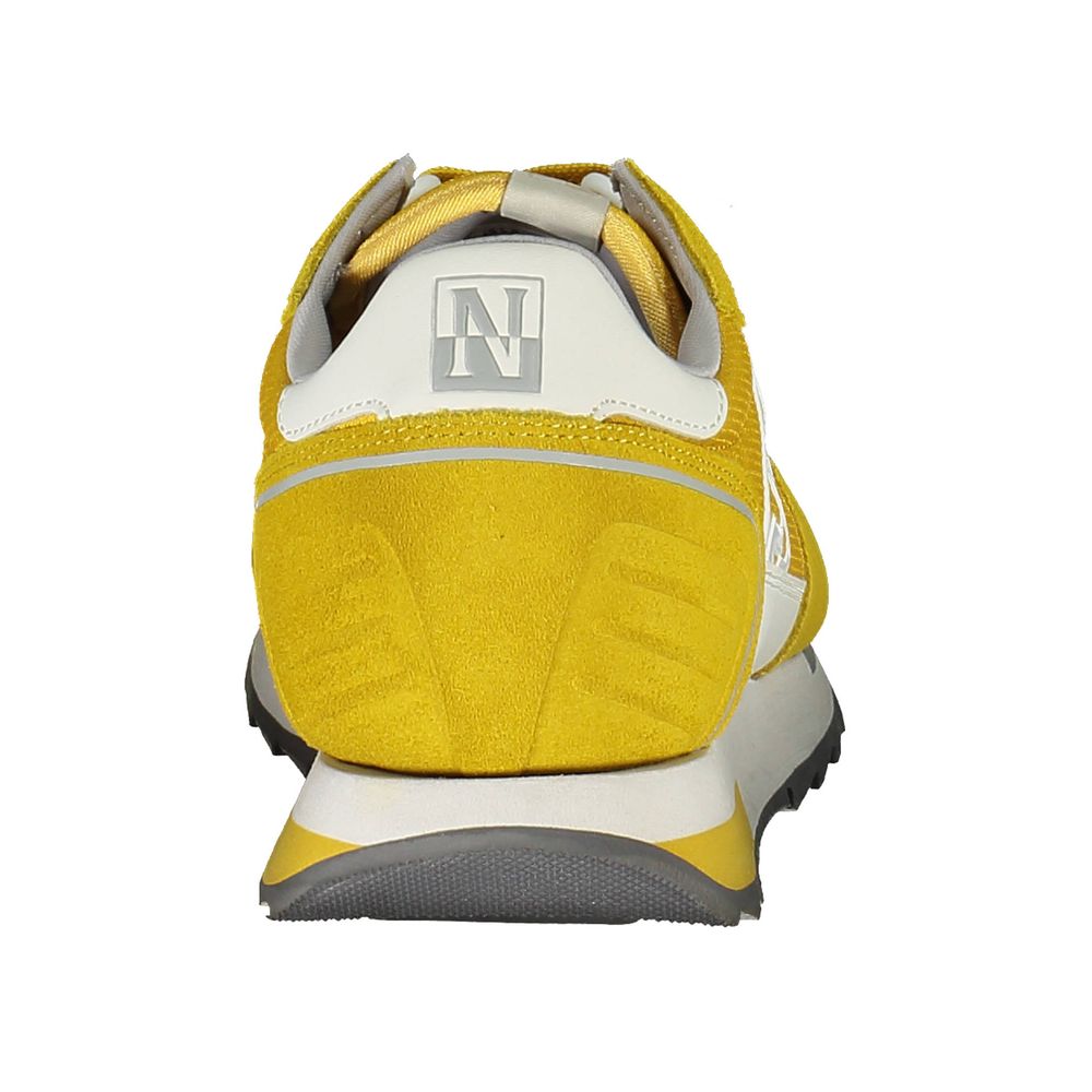 Rear view of Napapijri Yellow Leather Men Sneaker with logo and contrasting accents.