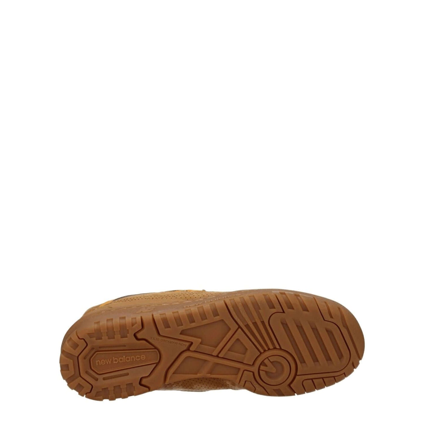 Sole view of New Balance Brown Leather Sneakers with rubber outsole, showcasing logo detail and aged effect design.