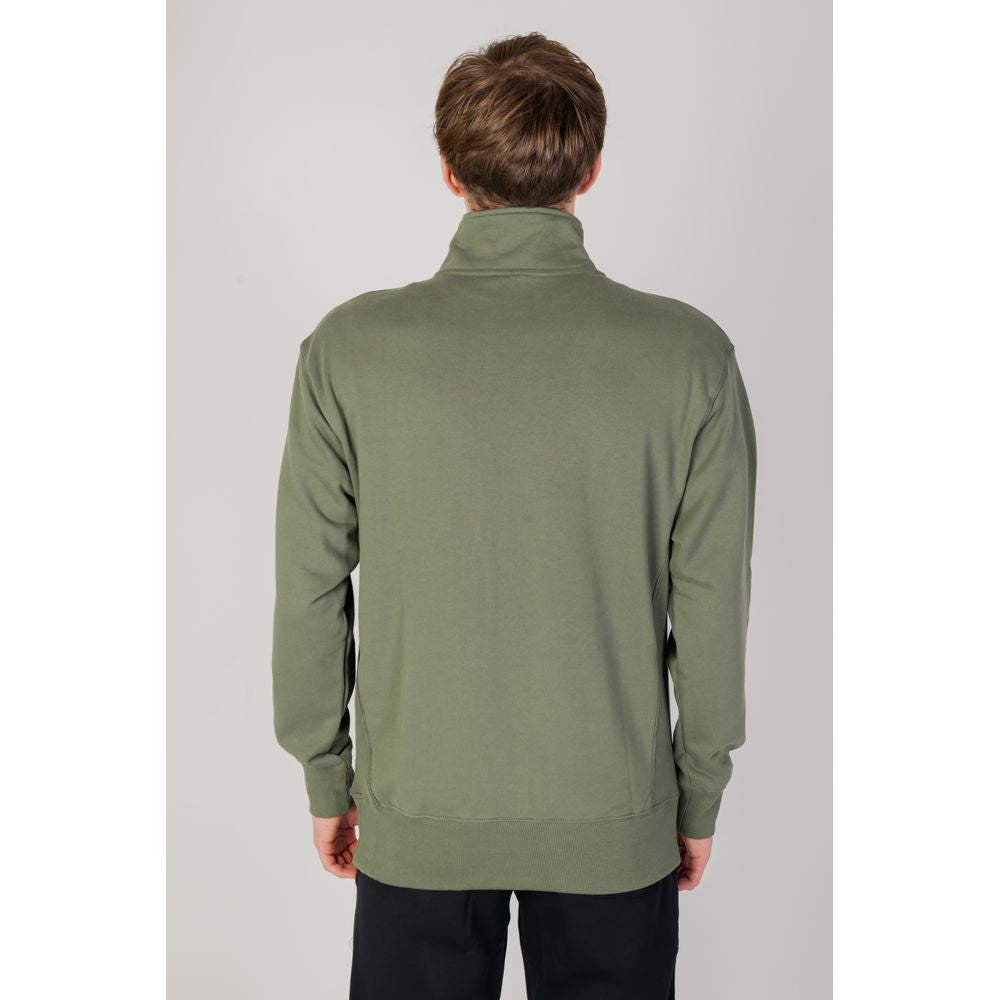 Back view of New Balance Green Cotton Sweatshirt model 31501 MT31501, showcasing high collar and half-zip design.